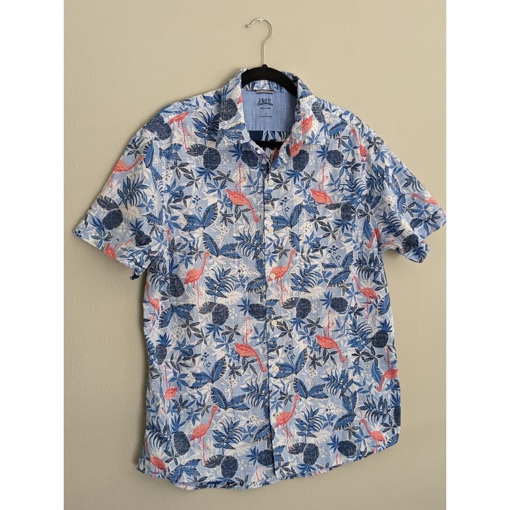 Izod Saltwater Tropical Shirt Adult L Blue Pink Flamingos Button Short Sleeve